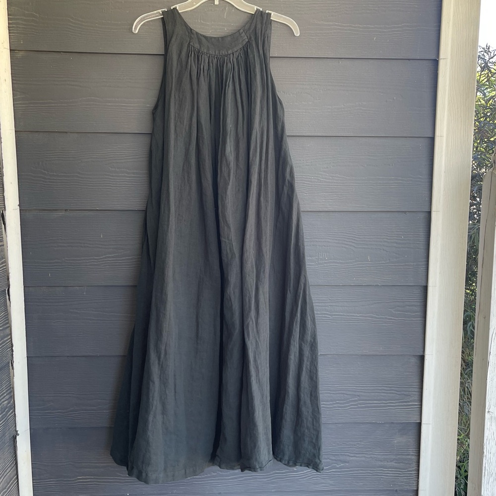 Black crane gather back high-low tank dress black linen Japan lagenlook S -1E